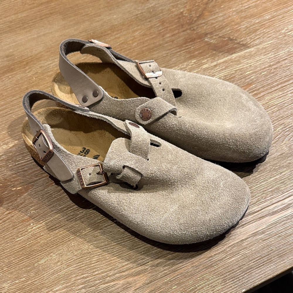 Birkenstock Taupe Suede Clogs with Buckle